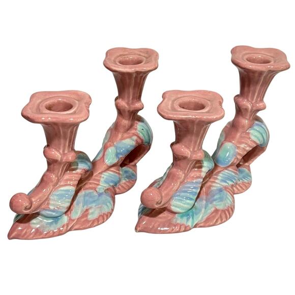 Vintage Mid Century Royal Haeger pottery candle holders Mauve Blue Agate PAIR - Picture 2 of 11